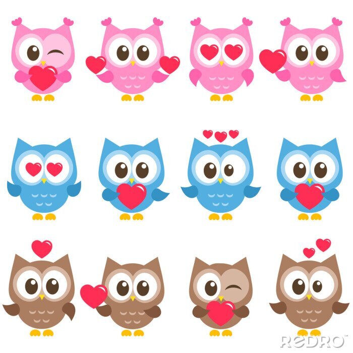 Tapete Satz nette rosa, blaue und braune Eulen mit Herzen
