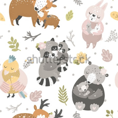 Tapete Scherzt Hintergrund mit netten Waldtieren. Bär, Hase, Reh, Vogel und Waschbär. Mutter und Baby