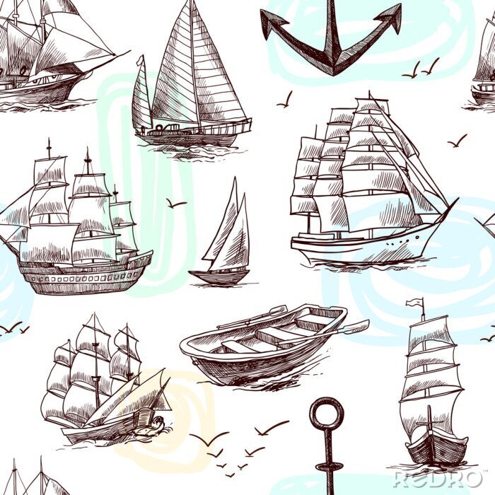 Tapete Schiffe und Boote skizzieren nahtlose Muster