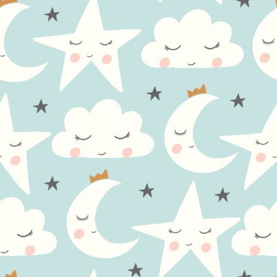 Tapete schläfriger Mond des Vektors, Wolke, Stern im blauen nahtlosen Wiederholungsmusterhintergrund