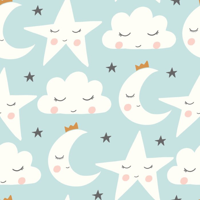 Tapete schläfriger Mond des Vektors, Wolke, Stern im blauen nahtlosen Wiederholungsmusterhintergrund