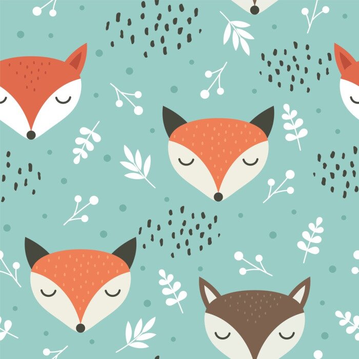 Tapete Schlafende Fuchsköpfe auf grünem Hintergrund