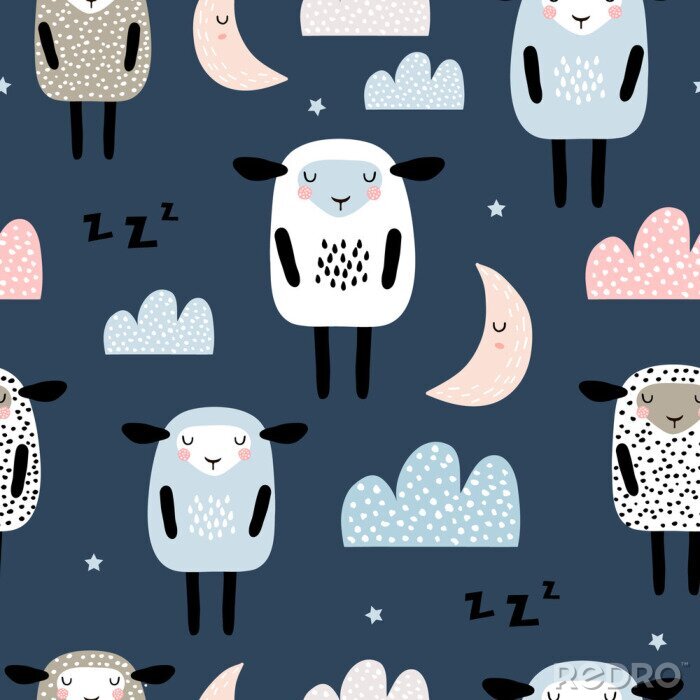 Tapete Schlafende Schafe auf dunklem Hintergrund im skandinavischen Stil