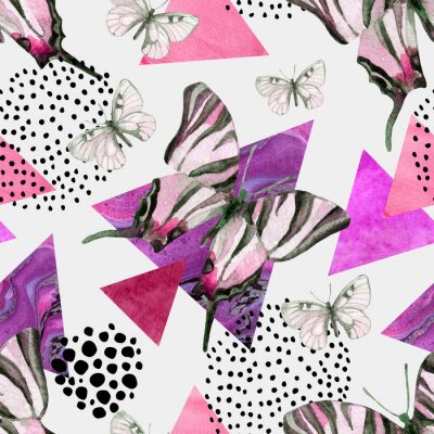 Tapete Schmetterlinge auf einem bunten geometrischen Hintergrund