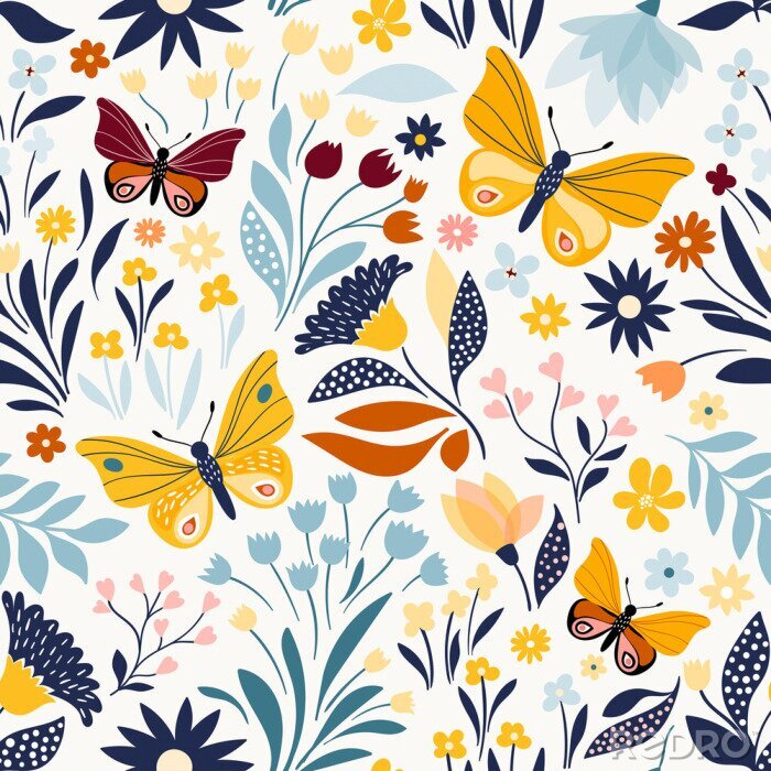Tapete Schmetterlinge, Blumen und Blätter im skandinavischen Stil