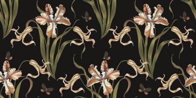 Tapete Schmetterlinge inmitten von Tulpen im Retro-Stil