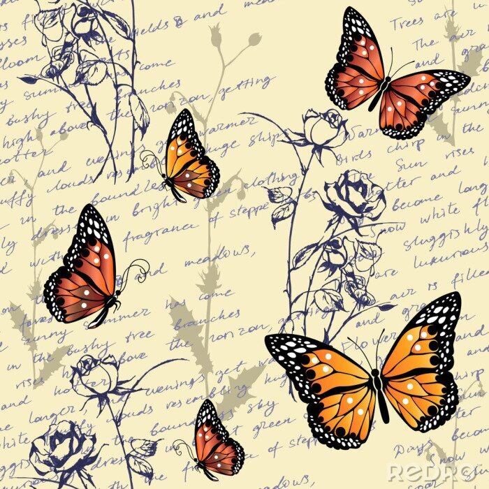 Tapete Schmetterlinge malten Rosen und Buchstaben