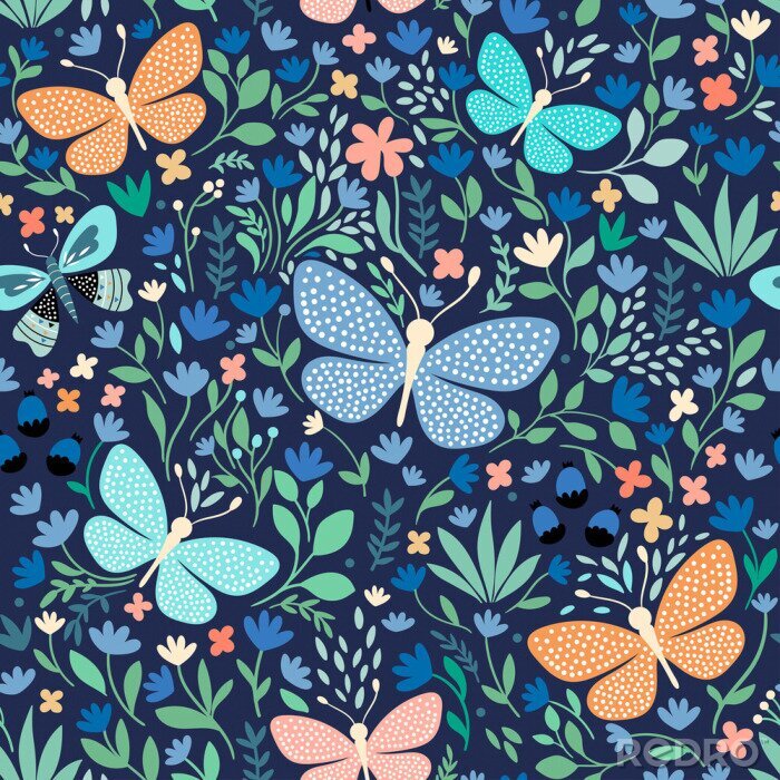 Tapete Schmetterlinge mit Tupfen und bunten Blumen