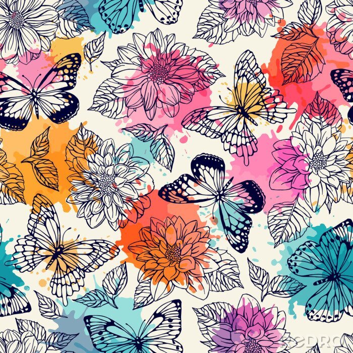Tapete Schmetterlinge und Blumen auf einem Aquarellhintergrund