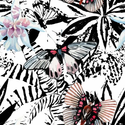 Schmetterlinge und Blumen auf schwarz-weißem Hintergrund