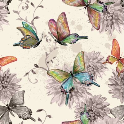 Tapete Schmetterlinge und Blumen im Retro-Stil