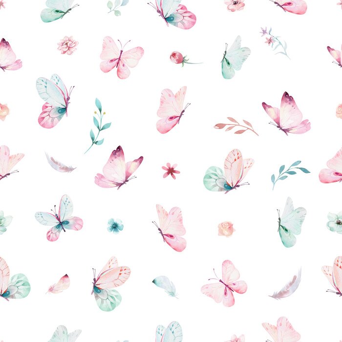 Tapete Schmetterlinge und Blumen in Pastellfarben