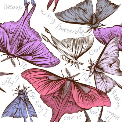 Tapete Schmetterlinge und Inschriften auf weißem Hintergrund