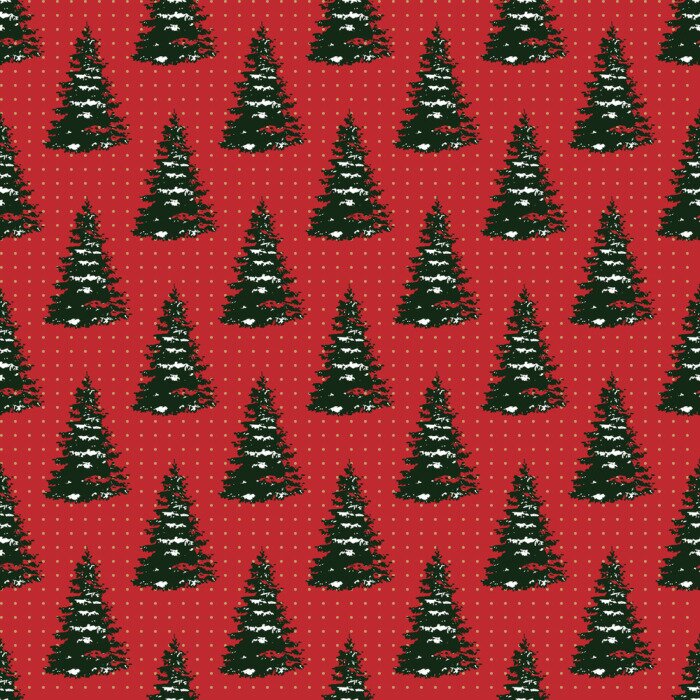 Tapete Schneebedeckte Weihnachtsbäume auf rotem Grund