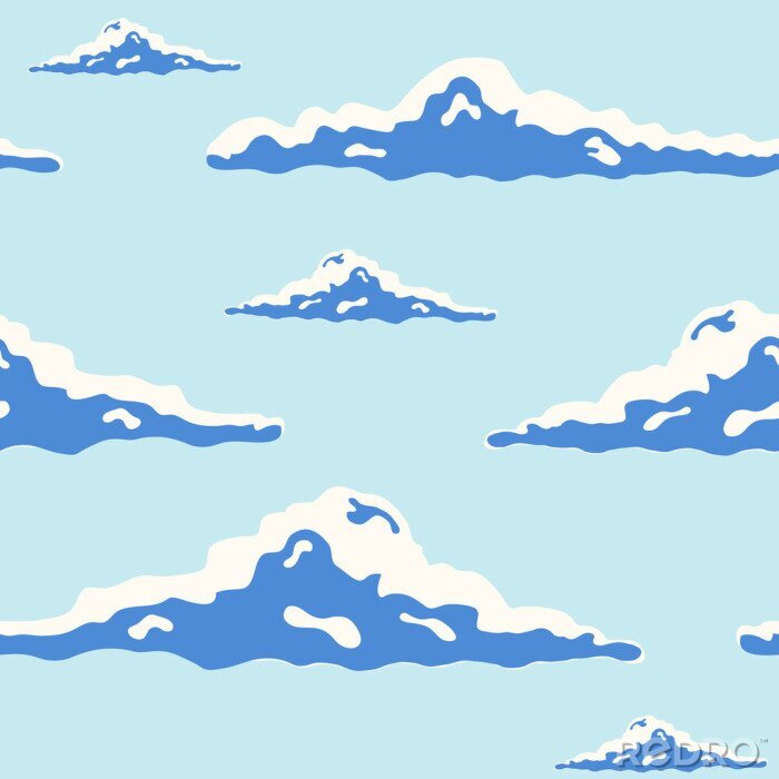 Tapete Schöne nahtlose Muster mit curly Wolken von verschiedenen Größe in blauem Himmel in Pop-Art-Stil gezeichnet. Hintergrund mit cloudscape. Moderne Vektor-Illustration für Tapeten, Stoff drucken, Verpack