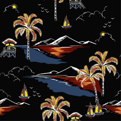 Tapete Schöner nahtloser Inselmustervektor Hawaiis. Landschaft mit Palmen, Strand und Ozeanvektor Hand gezeichneten Stil auf schwarzem Farbhintergrund