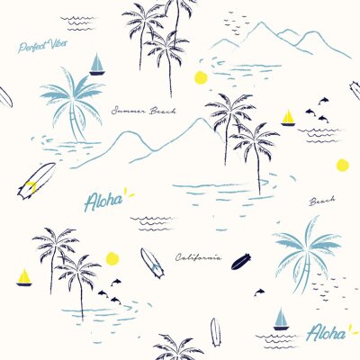 Schönes nahtloses Inselmuster auf weißem Hintergrund. Landschaft mit Palmen, Strand und Ozeanvektor handgezeichneten Stil