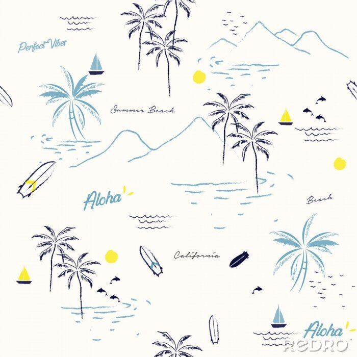 Tapete Schönes nahtloses Inselmuster auf weißem Hintergrund. Landschaft mit Palmen, Strand und Ozeanvektor handgezeichneten Stil