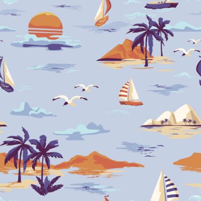Schönes nahtloses Inselmuster der Weinlese auf weißem Hintergrund. Landschaft mit Palmen, Yacht, Strand und Ozeanvektor handgezeichneten Stil