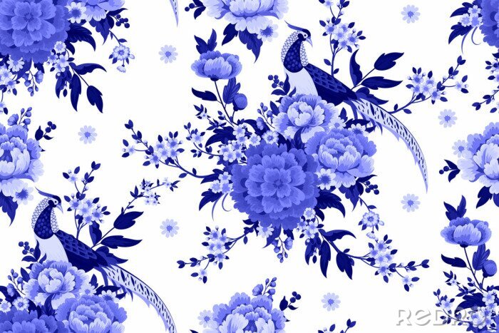 Tapete Schönes nahtloses Muster mit Diamantfasan, der auf Pfingstrosenzweig mit blühender Sakura, Pflaume und Gänseblümchen für Sommerkleid im chinesischen Stil sitzt