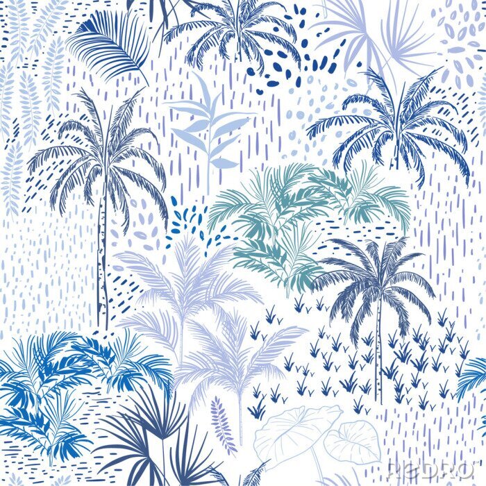 Tapete Schönes nahtloses tropisches Waldmuster auf weißem Hintergrund. Landschaft mit Palmen, exotischen Wildtieren und Pflanzen
