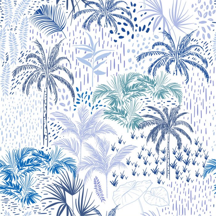 Tapete Schönes nahtloses tropisches Waldmuster auf weißem Hintergrund. Landschaft mit Palmen, exotischen Wildtieren und Pflanzen