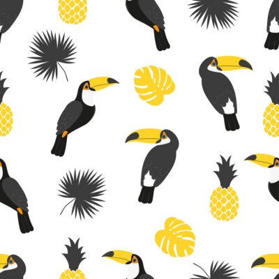 Schwarz-gelbes Motiv mit Tukanvögeln und Ananas