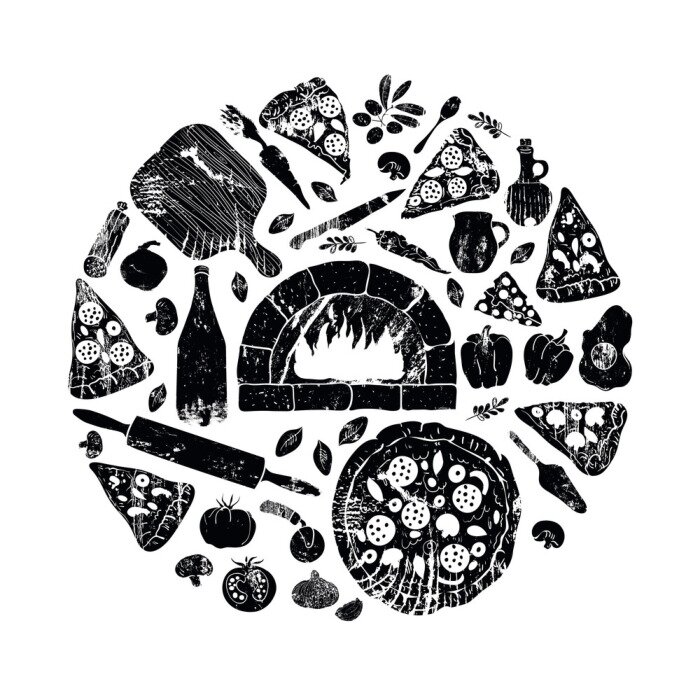 Tapete Schwarz-Weiß-Illustration mit Pizza
