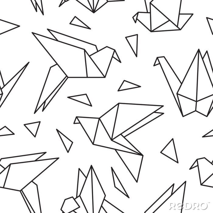 Tapete Schwarz-Weiß-Muster mit Origami-Vögeln