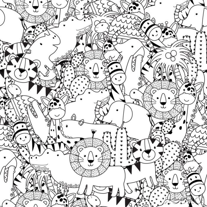 Tapete Schwarz-Weiß-Zeichnung für Kinder Tiere