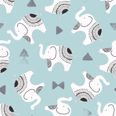 Tapete Schwarz-weiße Elefanten auf blauem Hintergrund