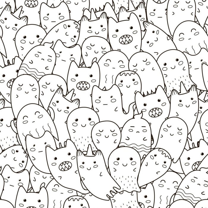 Tapete Schwarz-weiße Elfen und kleine Monster