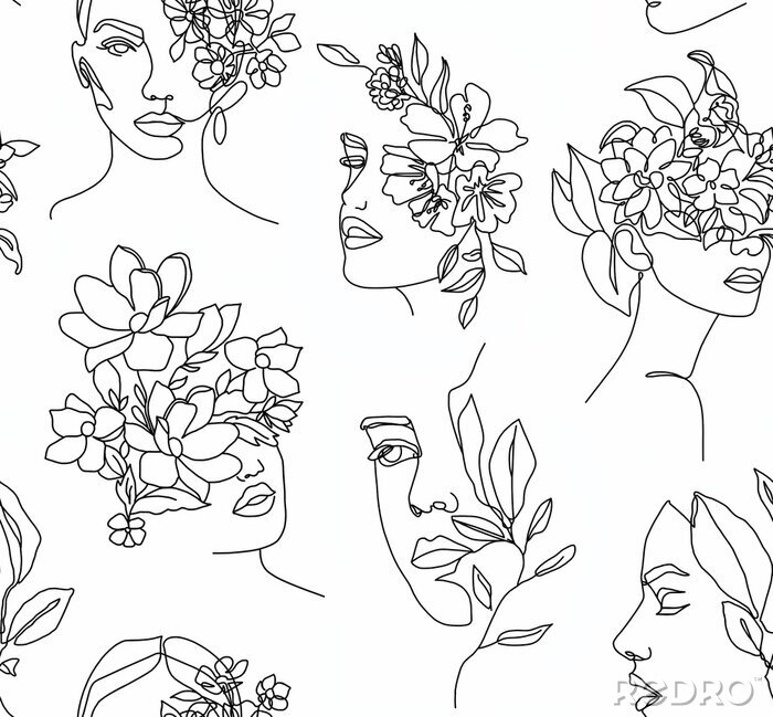 Tapete Schwarz-weiße weibliche Gesichter mit Blumen
