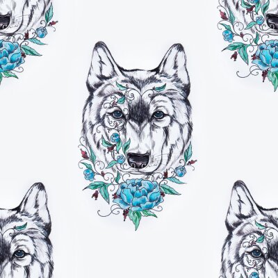 Tapete Schwarz-weiße Wolfsköpfe mit blauer Blume