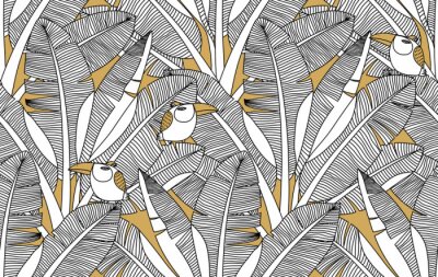 Tapete Schwarz-weißer Dschungel und exotische Vögel