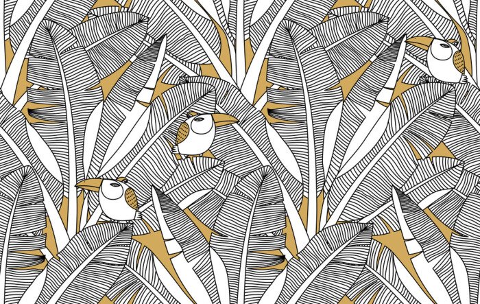 Tapete Schwarz-weißer Dschungel und exotische Vögel