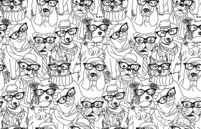 Tapete Schwarz-weißes Hipster-Muster mit Hunden