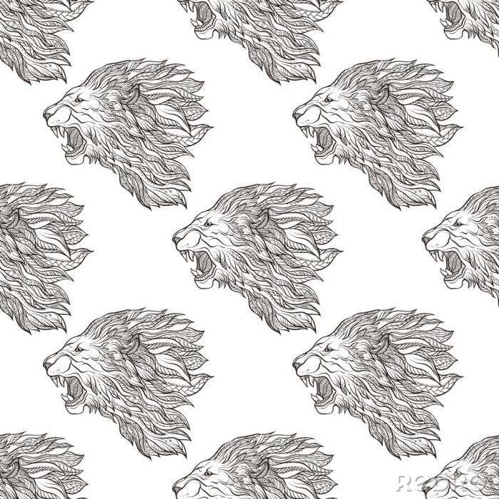 Tapete Schwarz-weißes Muster mit brüllenden Löwen