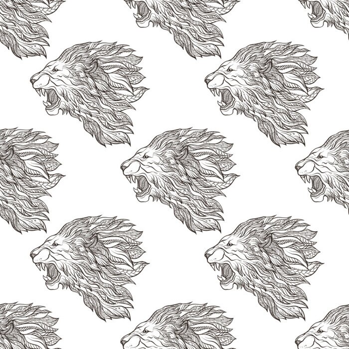 Tapete Schwarz-weißes Muster mit brüllenden Löwen