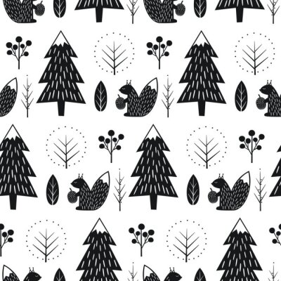Tapete Schwarz-weißes skandinavisches Muster mit Eichhörnchen im Wald