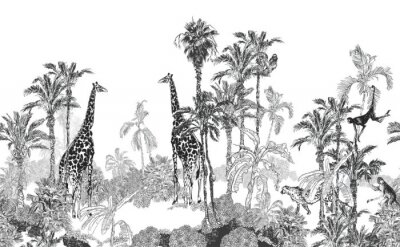 Schwarz-weißes tropisches Muster mit Giraffen