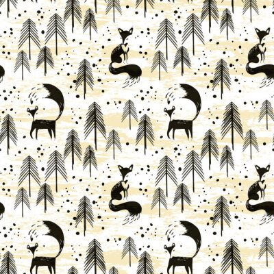 Tapete Schwarze Füchse und Bäume auf gelbem Hintergrund