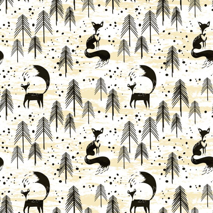 Tapete Schwarze Füchse und Bäume auf gelbem Hintergrund