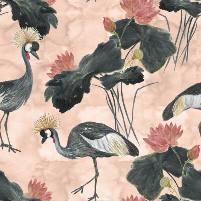 Tapete Schwarze Kranichvögel und -blumen auf einem rosa Hintergrund