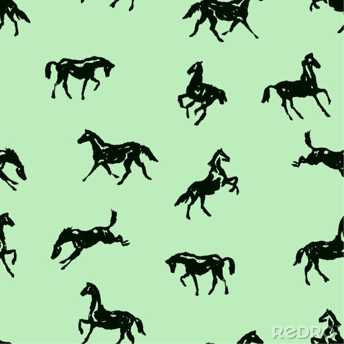 Tapete Schwarze Pferde auf grünem Hintergrund