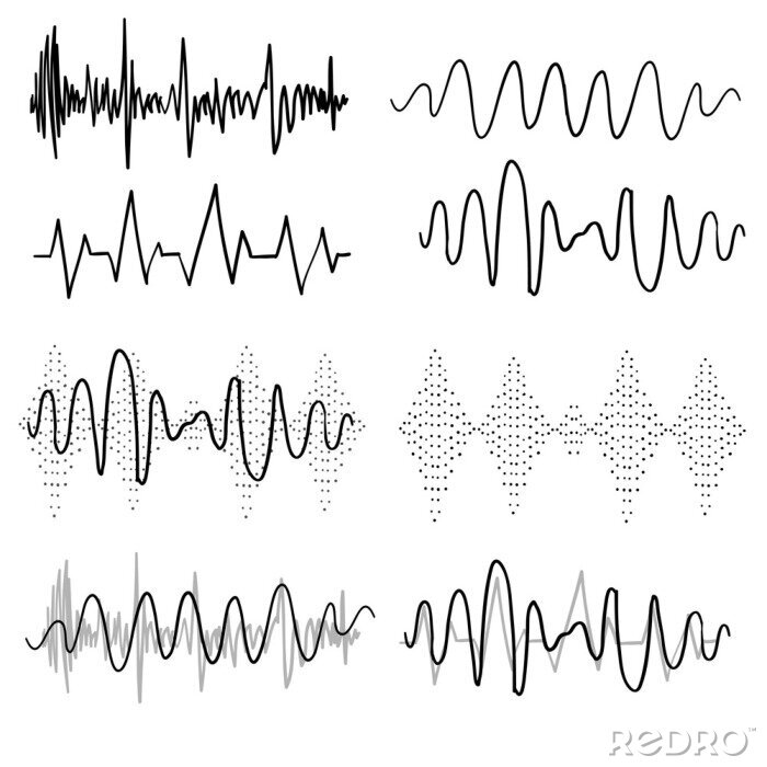 Tapete Schwarze Schallwellen. Musik-Audiofrequenz, Sprachleitungswellenform, elektronisches Funksignal, handgezeichneter Gekritzelvektor des Lautstärkesymbols