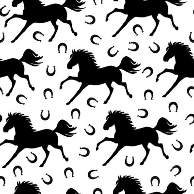 Tapete Schwarze Silhouetten von Pferden und Hufeisen auf weißem Hintergrund