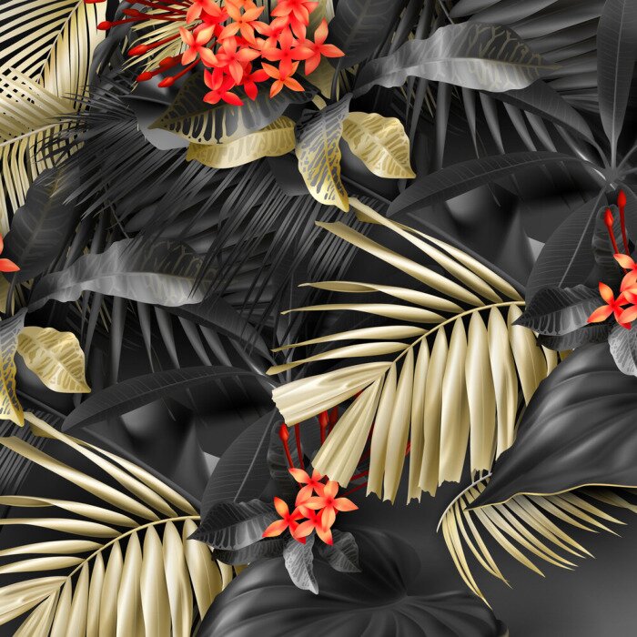 Tapete Schwarze und beige tropische Blätter und Blüten