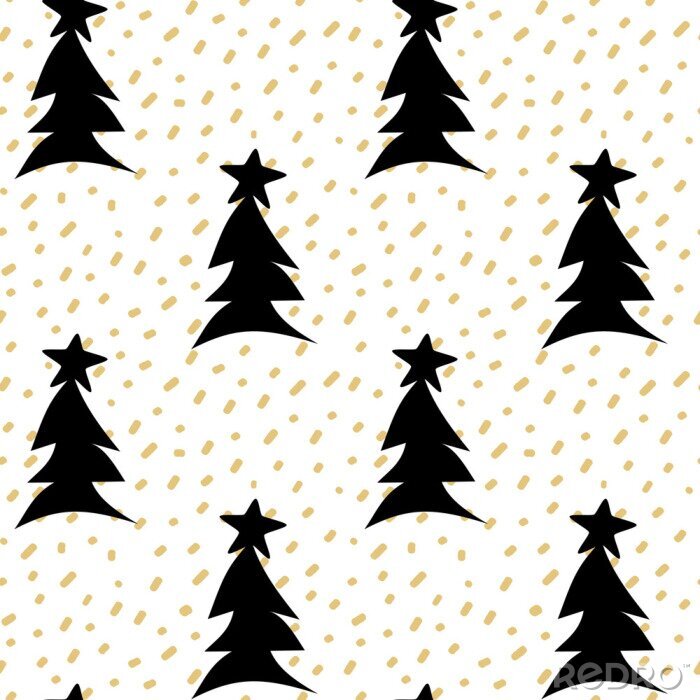 Tapete Schwarze Weihnachtsbäume zwischen goldenem Konfetti