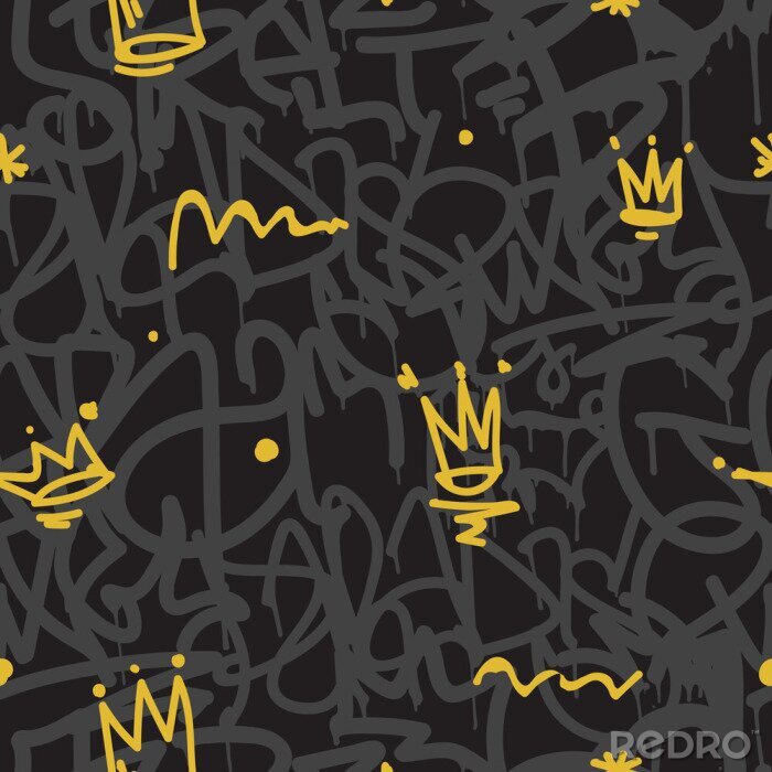 Tapete Schwarzes Graffiti mit gelben und grauen Akzenten
